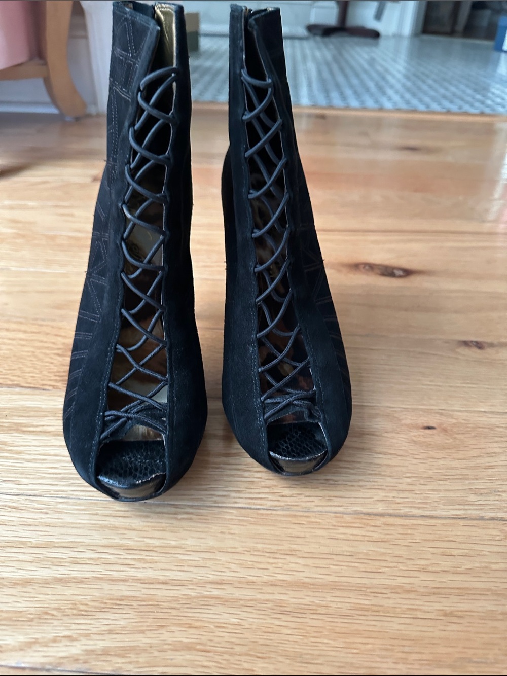 Sam Edelman Black Suede Lace-Up Peep Toe Booties